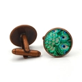 Vintage bronze peacock feather glass cufflinks for men featuring vibrant blue and green patterns - Antique Red Copper