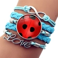 Blaues mehrlagiges Lederarmband mit Marienkäfer-Muster und silbernen Love-Anhängern - Stil 3 (XSWX8636-3)