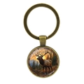 Vintage zonsondergang eland sleutelhanger met bronzen metalen ring en glazen hanger - Antiek Brons