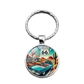 Classic Route 66 keychain with vintage blue car and desert sunset art on white background - Desert Road & Blue Convertible Style (XSWX8664-5)