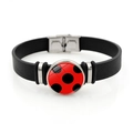 Anime ladybug themed black leather bracelet with red polka dot metal charm and silver clasp - Red with Black Polka Dots Pattern (XSWX8641-1)
