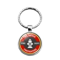 Detailed close-up of Volunteer Fire Dept metal keychain with round fire hydrant emblem - Volunteer Firefighter Logo Style (XSWX8673-5)