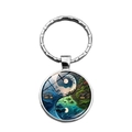 Yin Yang Tree of Life keychain with silver metal frame and glass landscape pattern - Mountain And Rural Landscape Style (XSWX8672-6)