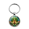 Silver Tree of Life keychain with colorful artistic glass dome pendant on white backdrop - Stained Glass Tree Of Life Style (XSWX8671-5)
