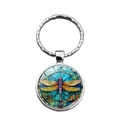Artistic dragonfly keychain with silver metal ring and colorful glass pendant on white background - Stained Glass Dragonfly Style 6 (XSWX8665-6)