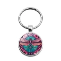 Art Nouveau dragonfly keychain with pink cherry blossoms and silver metal ring - Stained Glass Dragonfly Style 5 (XSWX8665-5)