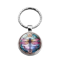 Gros plan d'un porte-clés libellule argenté avec un pendentif d'art rétro en verre - Style Libellule Vitrail 2 (XSWX8665-2)