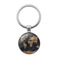 Vintage wereldkaart sleutelhanger met bronzen hanger en zilveren ring op witte basis - Zilver