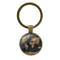 Vintage wereldkaart sleutelhanger met antiek bronzen metalen ring en glazen koepel - Antiek Brons