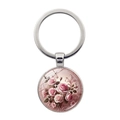 Llavero redondo de cristal con rosas rosas y aro de metal plateado estilo vintage - Plateado