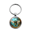 Silberner Schlüsselanhänger mit rundem Glasanhänger und buntem Bienen-Motiv - Biene Und Wabenmuster (XSWX8666-1)