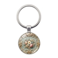 Barocker Blumen-Schlüsselanhänger mit Silberring und Rosenmuster auf weißem Grund - Silber