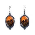 Gothic style oval drop earrings featuring black silhouettes of birds on branches at sunset - Sunset Birds Style (XSWX9044-11)