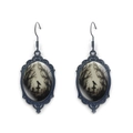 Detail of gothic oval earrings featuring a dark crow and cross design on black alloy - Cross And Crow Style (XSWX9044-5)