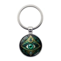 Macro detail of Hamsa Evil Eye keychain featuring a green glass dome with golden mystic symbols - Fantasy Green Eyeball Style (XSWX9046-5)