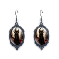 Detailed close-up of gothic black cat earrings with vintage oval frames and bats - Cool Black Cat With Bats (XSWX9057-12)