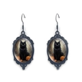Close-up of black metal gothic earrings featuring oval cat and pumpkin illustration - Glimmer Environment Black Cat (XSWX9057-11)