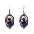 Detail of gothic oval earrings featuring black cat and pumpkin under moonlight - Black Cat With Moonlit Pumpkin (XSWX9057-10)