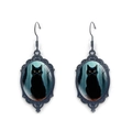 Macro detail of gothic black cat oval earrings with vintage lace metal frame design - Yellow Eyed Cat With Dark Forest (XSWX9057-6)