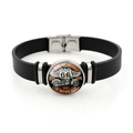 Bracelet à pression Route 66 en cuir PU noir avec motif de moto et finitions argent - Style Thème Moto Vintage (XSWX8675-3)