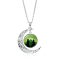 Silver crescent moon necklace featuring Wicked silhouette pendant on white background - Green Wicked Movie Silhouette (XSWX9134-5)