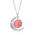 Collana con luna d'argento e ciondolo con silhouette di principessa su sfondo bianco - Silhouette di Principessa Rapunzel Rosa (XSWX9134-4)
