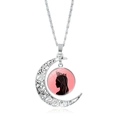 Collana luna argento con ciondolo in vetro silhouette di principessa su sfondo rosa - Ragazza con Corona e Sfondo Rosa (XSWX9134-2)