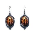 Gothic Halloween earrings with black oval pendant featuring witch and bats illustration - Witch Moonlit Back Style (XSWX9044-4)