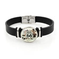 Bracelet à pression Route 66 classique en cuir PU noir avec un emblème vintage - Style Illustration Voiture Vintage (XSWX8675-4)