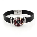 Bracelet unisexe en cuir noir avec emblème de pompier argenté et fermoir à pression - Style Fier d'Être Pompier (XSWX8679-6)