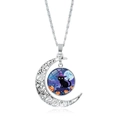 Halloween-halsketting met zwarte kat, paarse heksenhoed en pompoen op een maan hanger - Blauwe Sterrenhemel Kat Stijl (XSWX9142-3)