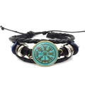 Close-up of Viking compass multi-layer braided leather bracelet with adjustable knot cord - Turquoise Background Viking Compass Style (XSWX4427-9)