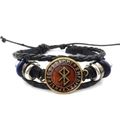 Vintage Viking compass black braided leather bracelet with golden rune charm and blue beads - Reddish Brown Rune Background Style (XSWX4427-12)