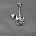 Silver electric guitar skull pendant with flame engraving and polished steel finish - Pendant Only (No Chain)