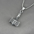 Antique silver Mjolnir Thor hammer necklace with Viking engravings and pearl chain - Pendant + Matching Chain
