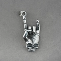 Punk rock skull hand gesture pendant in vintage stainless steel finish on dark textile - Pendant Only (No Chain) / Antique Silver