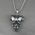 Gothic punk style horned skull pendant necklace in antique silver finish with chain - Ram Horn Skull Pendant Necklace