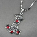 Viking Thor's Hammer Mjolnir necklace with red rhinestones and steel square pearl chain - Pendant With Box Chain / Antique Silver With Red Rhinestone