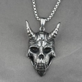 Retro punk demon skull pendant necklace in silver stainless steel with cross detail - Demon Skull Pendant Necklace