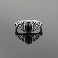 Vintage titanium steel ring featuring an oval black agate with retro hollow floral patterns - US 7 / Silver Band Black Gemstone