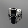 Vintage mens stainless steel ring featuring a large black obsidian stone and greek key patterns - US 7 / Steel Color