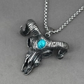 Retro Stierschädel-Halskette mit Türkisstein in Silber-Finish auf einer Box-Kette - Anhänger + Passende Kette