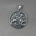 Vintage silver griffin pendant necklace in stainless steel with floral relief carvings - Pendant Only (No Chain)