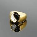 Polished gold titanium steel ring featuring classic black and white Tai Chi Yin Yang symbol - US 7 / Gold