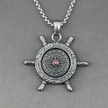 Retro stainless steel rudder pendant necklace with red gem and vintage silver curb chain - Rudder Pendant With Chain