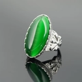 Anello vintage in acciaio con pietra occhio di gatto verde e incisione floreale argento - Taglia 6 / Fascia d'Argento Pietra Verde