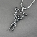 Bodybuilder with barbell pendant necklace in antique silver finish on grey background - Pendant + Matching Chain