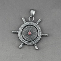 Vintage rotating ship wheel necklace in silver stainless steel with red gemstone - Helm Pendant (No Chain)