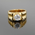 Classic gold titanium men's ring with square halo round diamond and pave setting side stones - US 7 / Gold