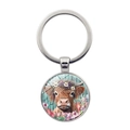 Silver metal keychain with highland cow floral illustration pendant on white background - Highland Cow Style 6 (XSWX8212-6)